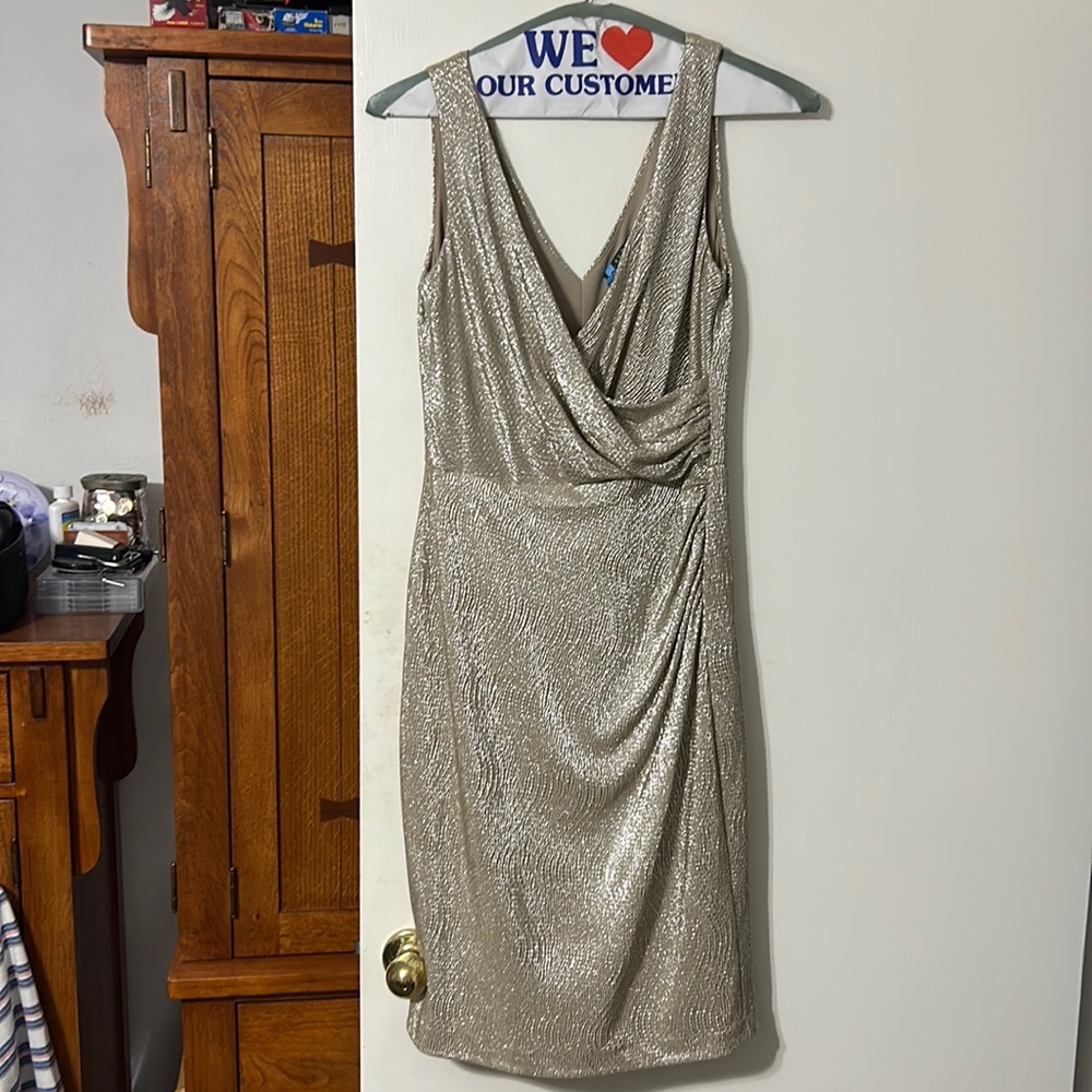 Gold evening dress. Super flattering. 41” top to hem and 16” pit to pit